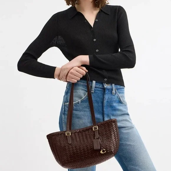 NWT Coach Woven Leather Swing Tote in Maple - Picture 6 of 8